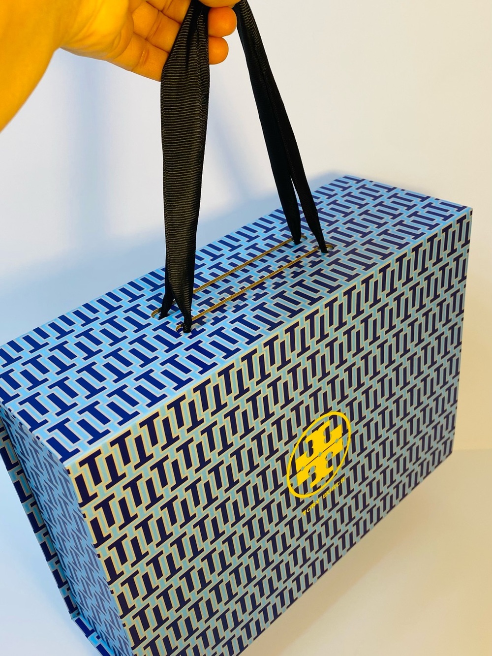 Tory Burch Blue Logo-Print Storage Box with Black Ribbon Handle